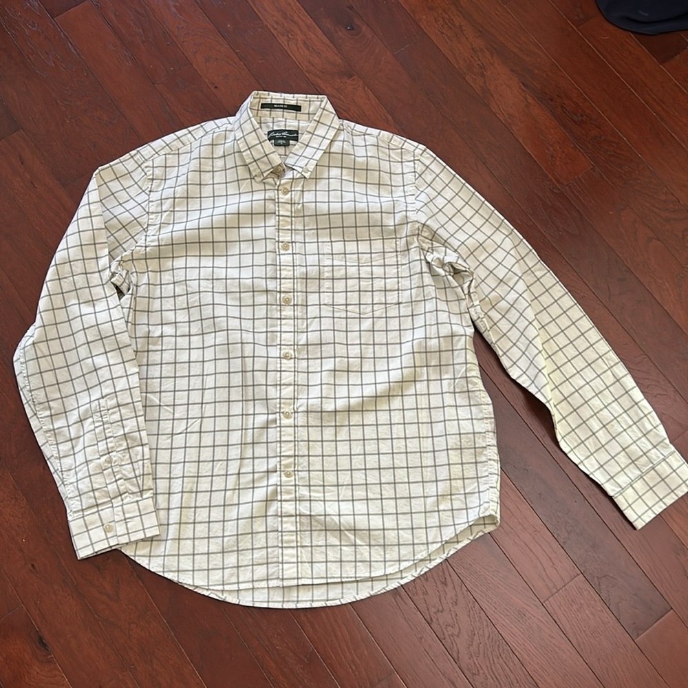 Eddie Bauer Relaxed Fit Button down Shirt XL 100% cotton cream checker - Picture 2 of 8